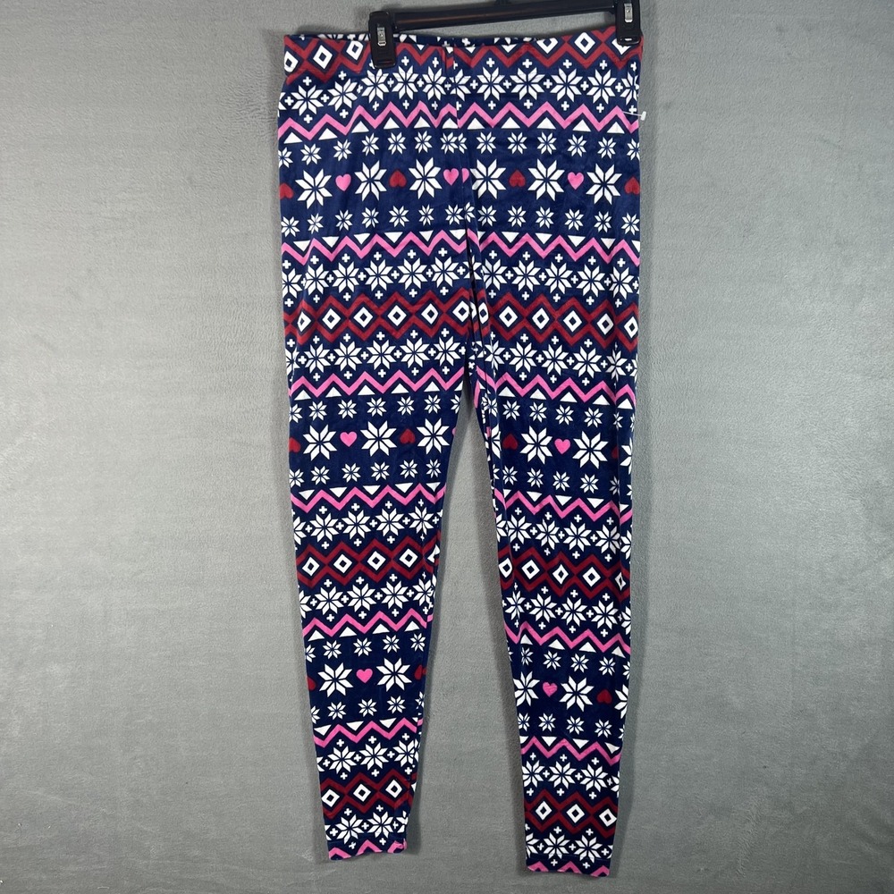 SERRA Women's XL Navy Blue Fair Isle Snowflake Heart Christmas Leggings Cozy